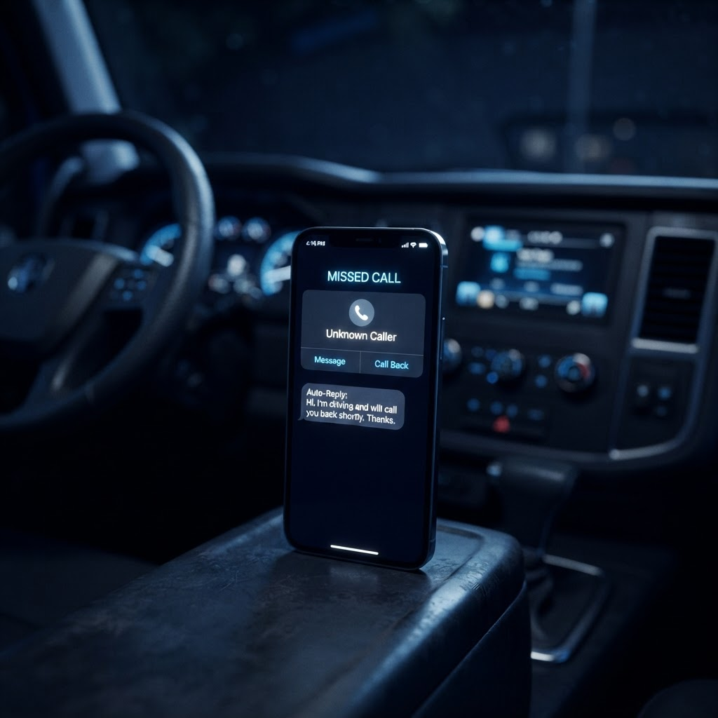 A tradesperson’s phone automatically texting back a missed caller on a dark background