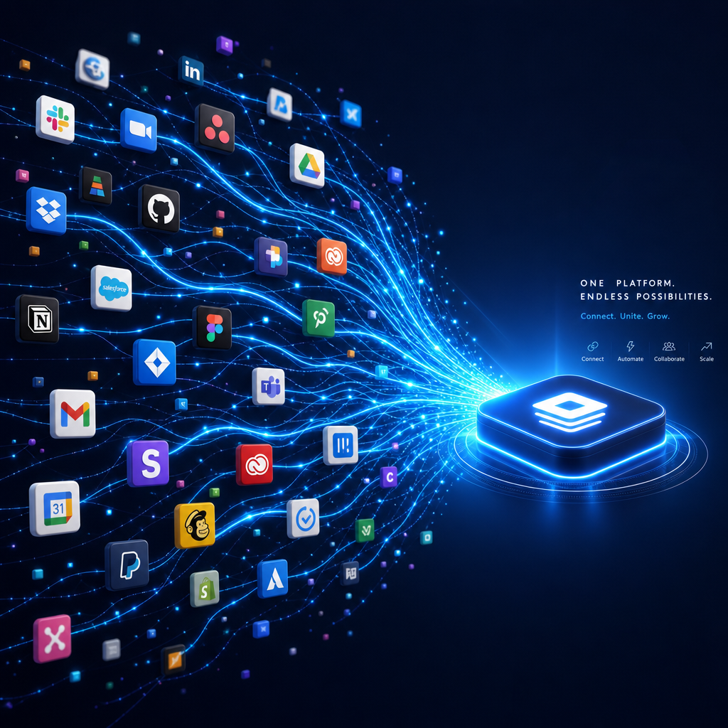 Scattered app icons merging into a single unified platform on a dark background