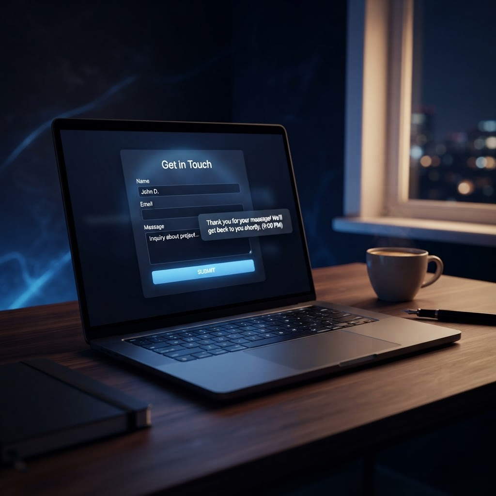 A late-night contact form submission triggering an instant automated reply on a dark screen